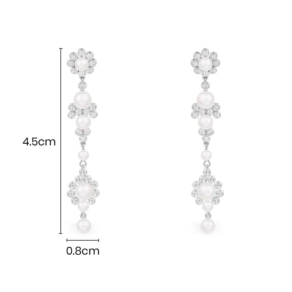 Pearl Flowers Drop Earrings - Silver