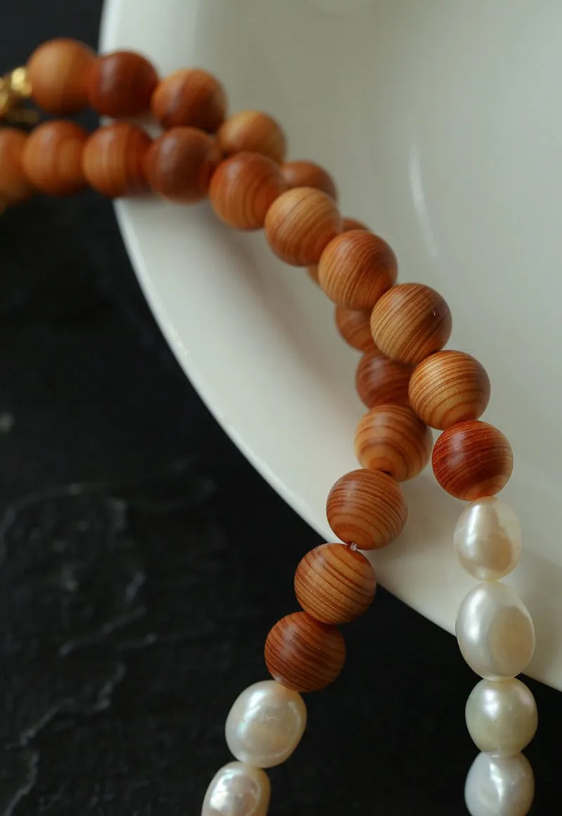 Primeval Forest Nature's Wood Bead Pearl Necklace