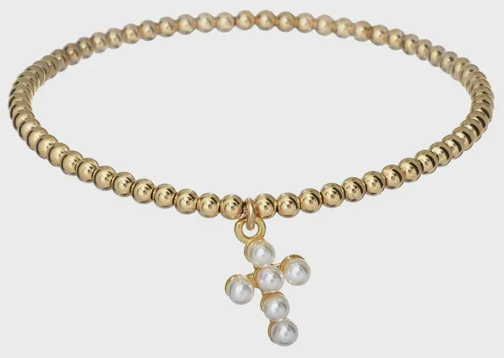 Rachel Pearl Cross Ball Bead Bracelet | Gold