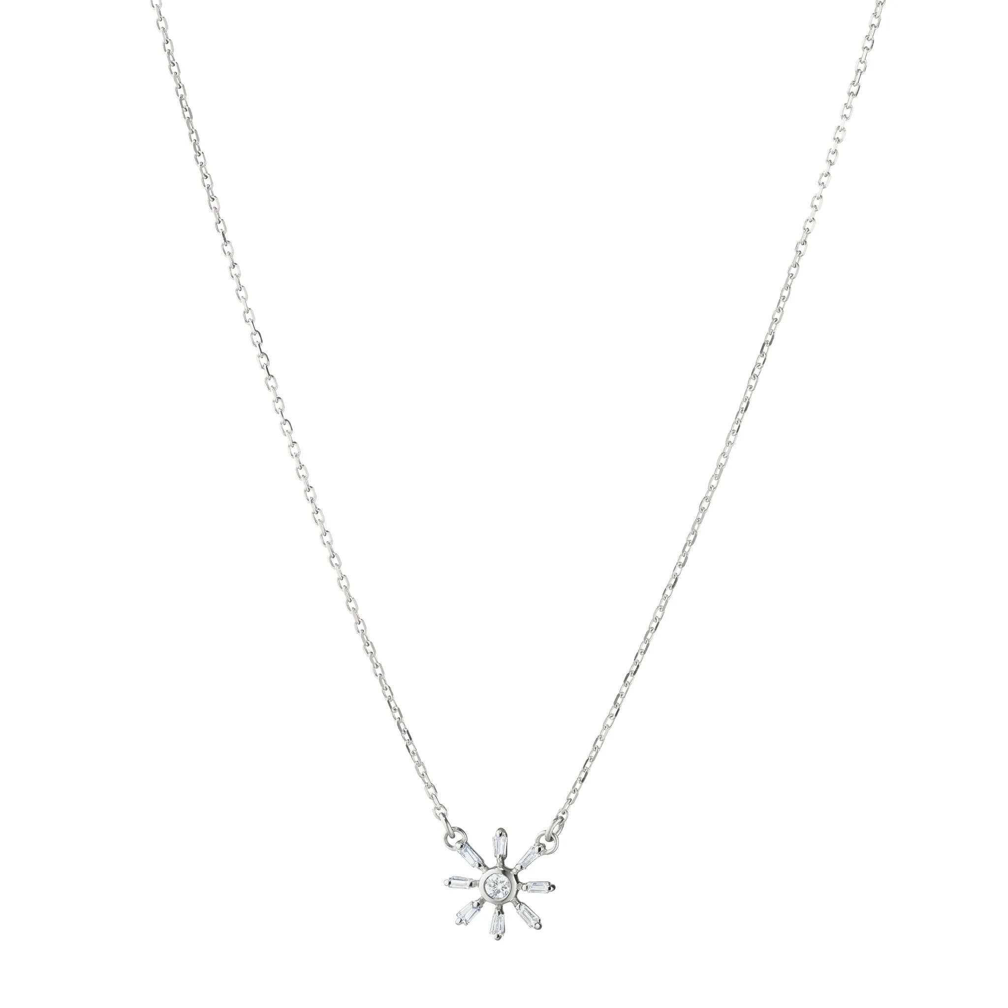 Reclaimed 18K White Gold and Round and Tapered Baguette Diamond Star Necklace