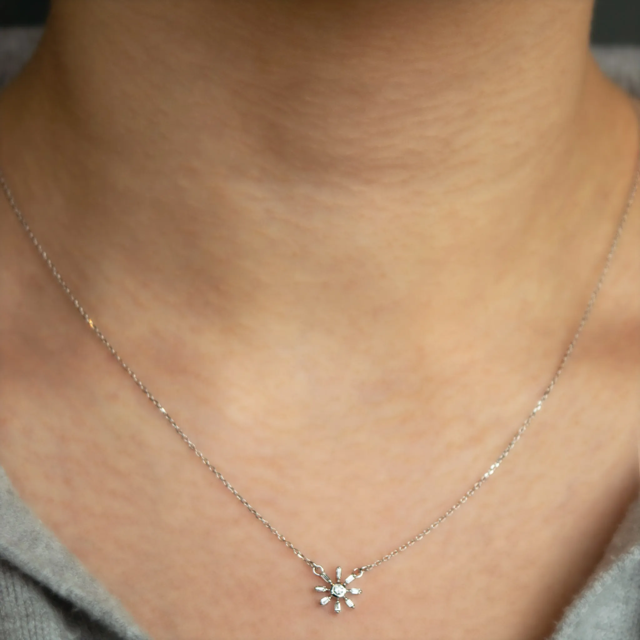 Reclaimed 18K White Gold and Round and Tapered Baguette Diamond Star Necklace