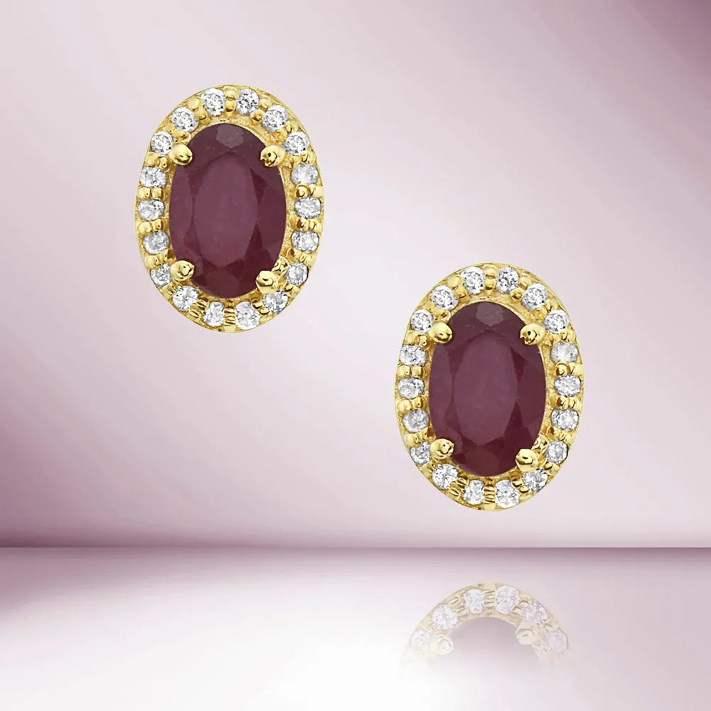 Red Ruby Oval Shape Halo Diamonds Studs Earrings (1.40 ct.) in 14K Gold