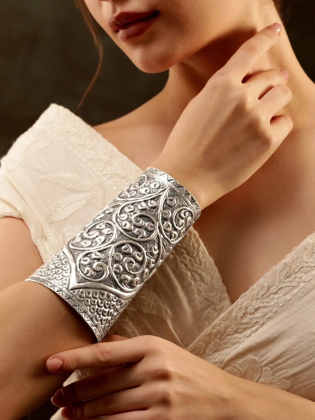 Rubans Oxidized Silver Plated embossed Handcrafted Statement Hand Cuff