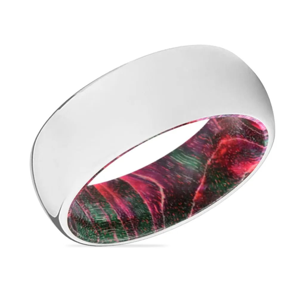 SERENITY | Green & Red Wood, Silver Tungsten Ring, Shiny, Domed