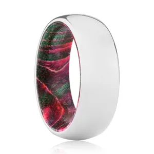 SERENITY | Green & Red Wood, Silver Tungsten Ring, Shiny, Domed