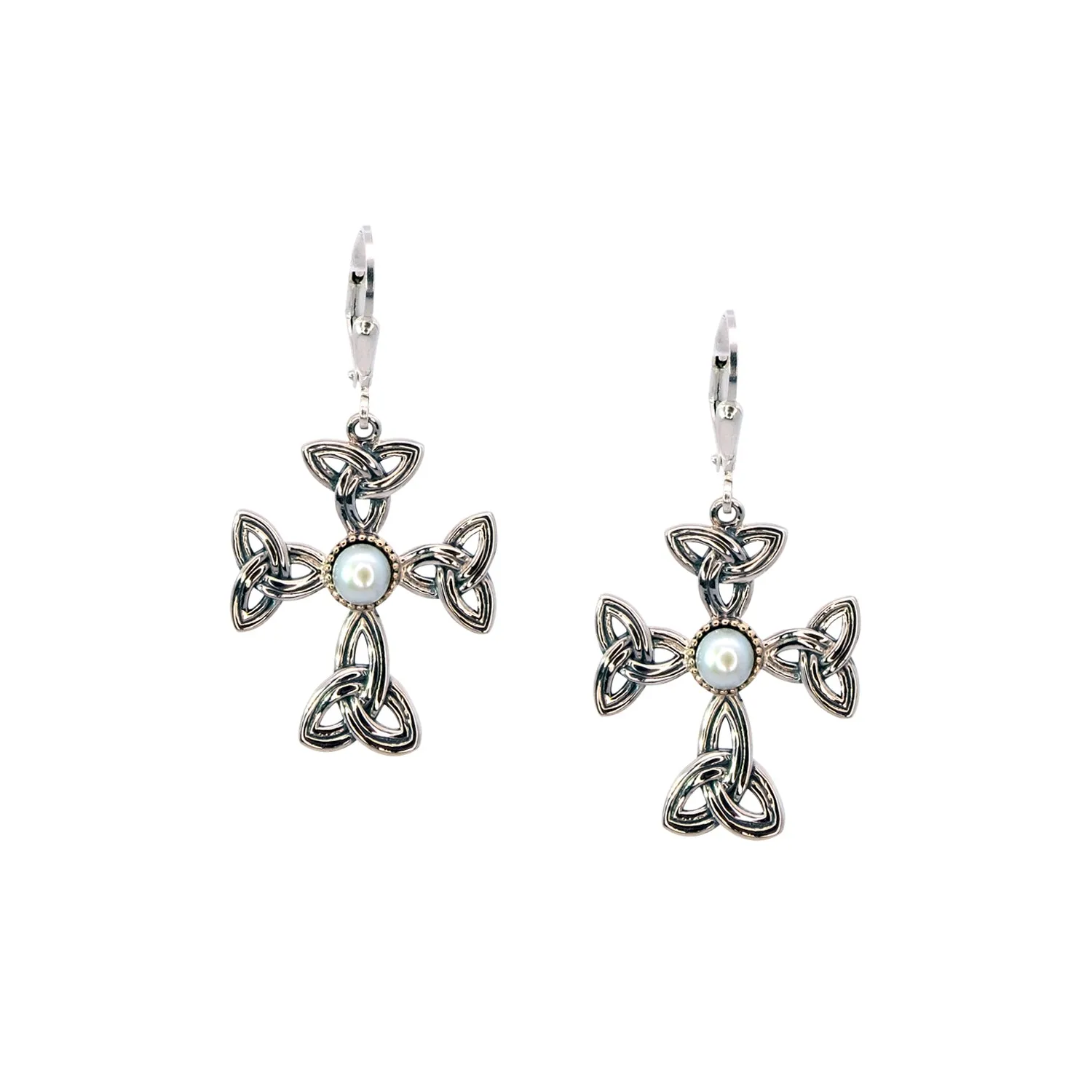 Silver and 10k Gold Aphrodite Cross Leverback Earrings - White Fresh Water Pearl