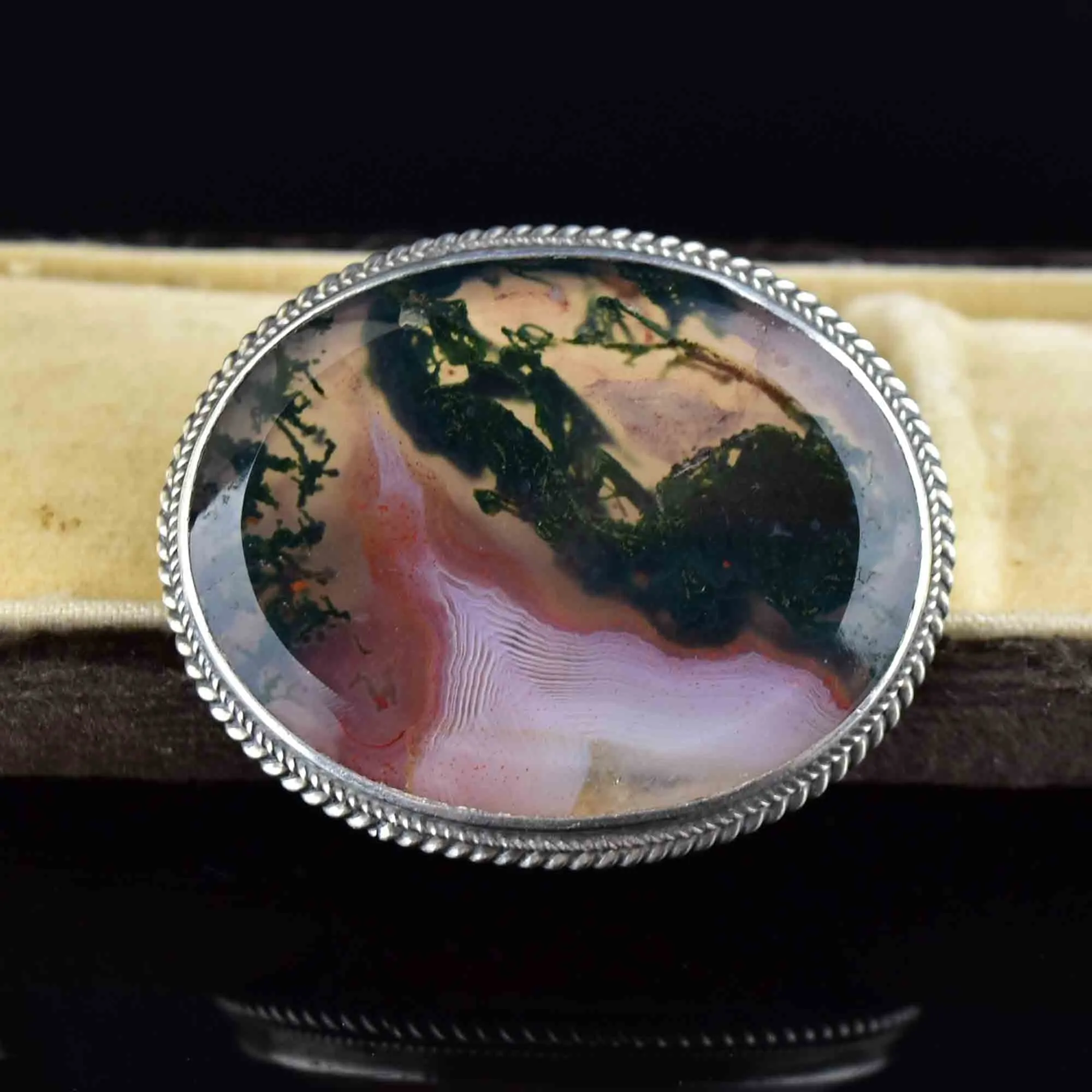 Silver Dendritic Moss Agate Brooch