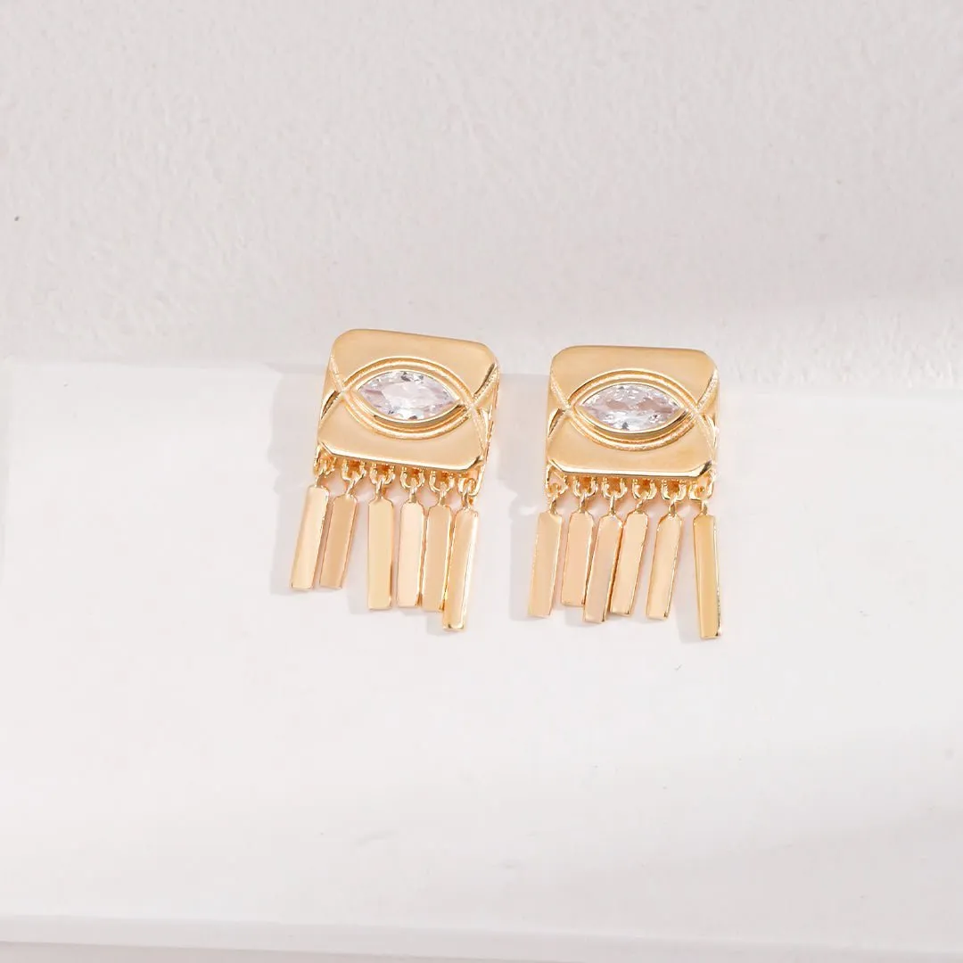 Square Eyes Diamond Tassel Studs Earrings