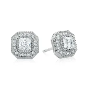 Sterling Silver Princess & Round Brilliant Cut Cubic Zirconia Halo  Stud Earrings