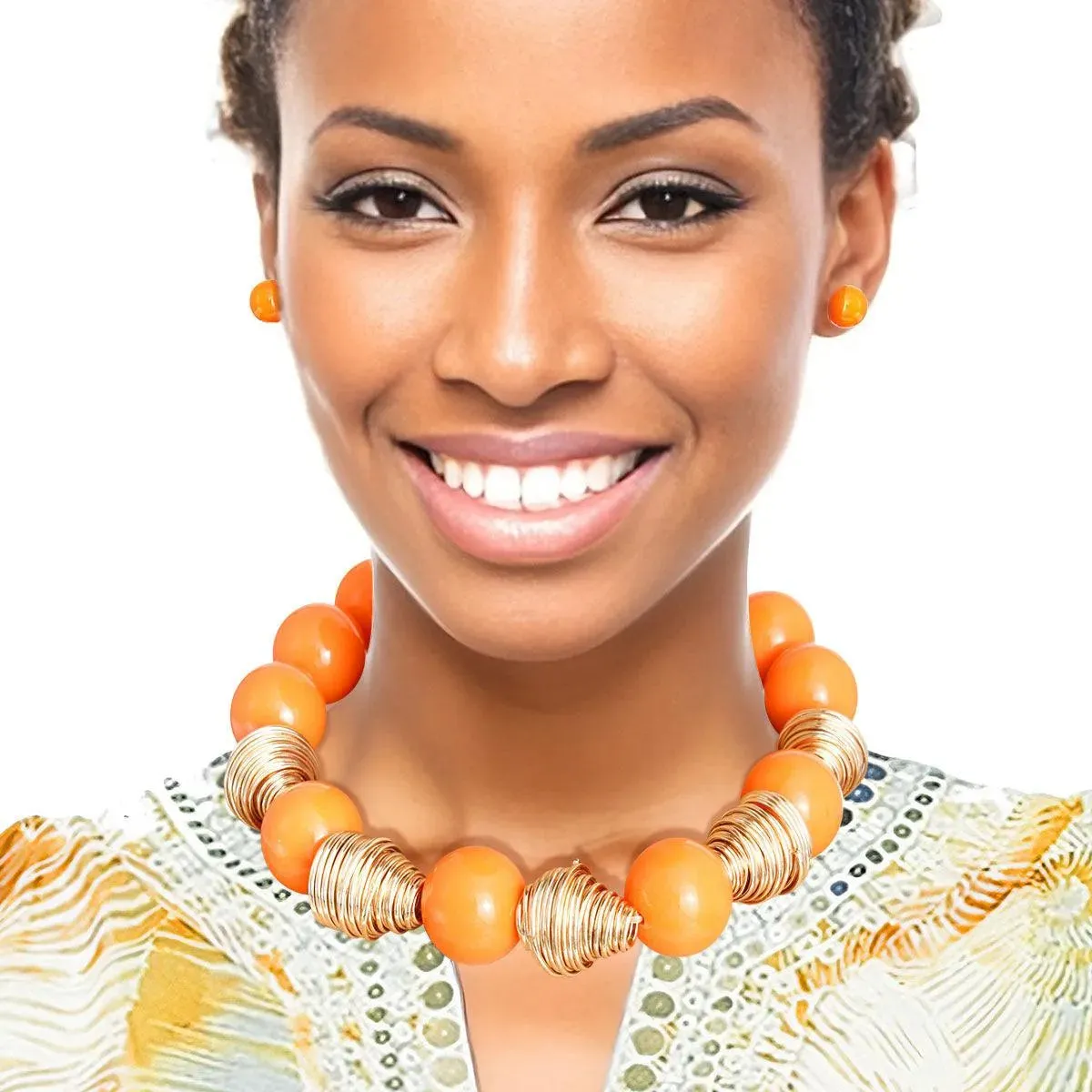 Stunning Chunky Orange Bead Jewelry Set: Necklace & Earrings