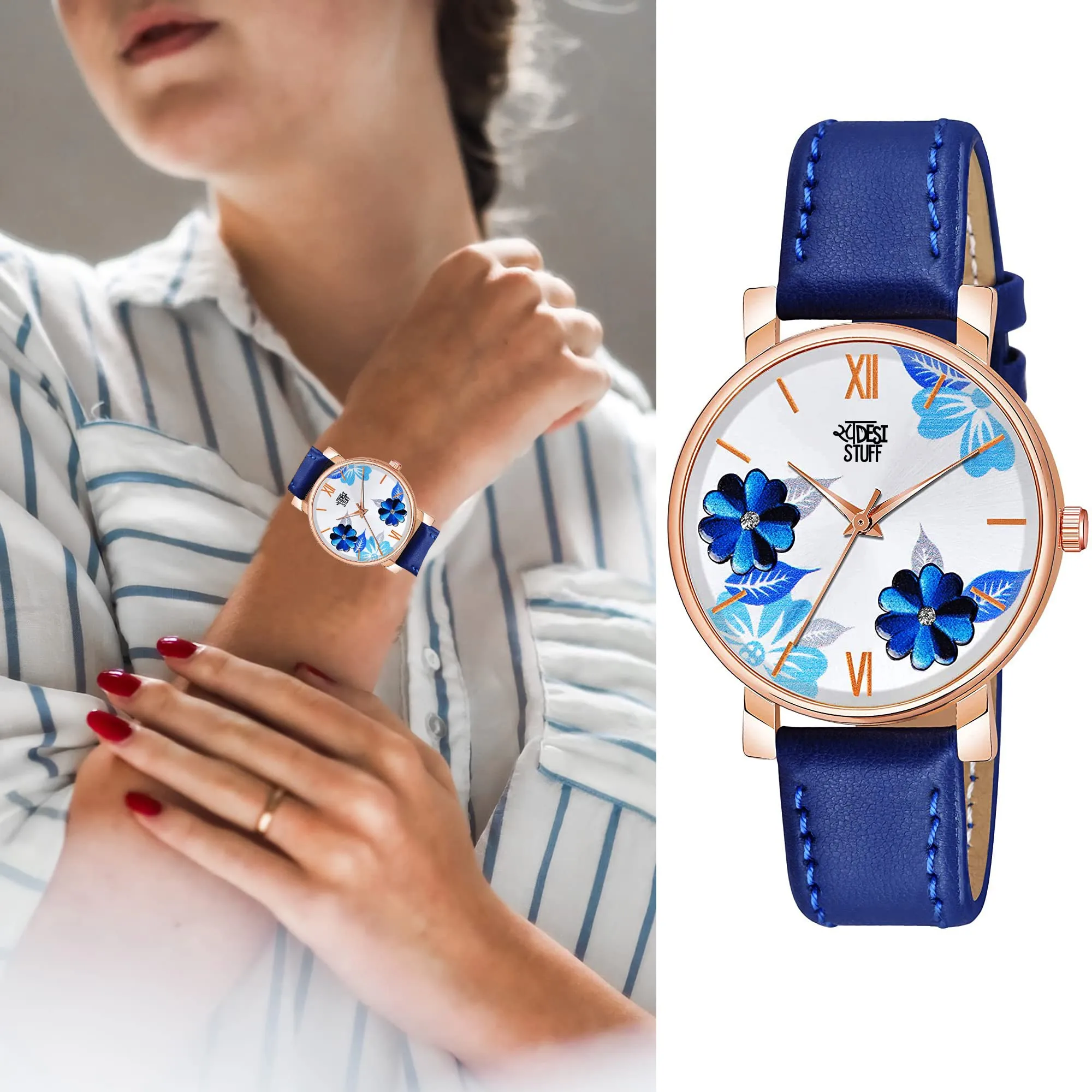 SWADESI STUFF Blue Color Flower Dial Premium Leather Strap Analog Watch for Women and Girls