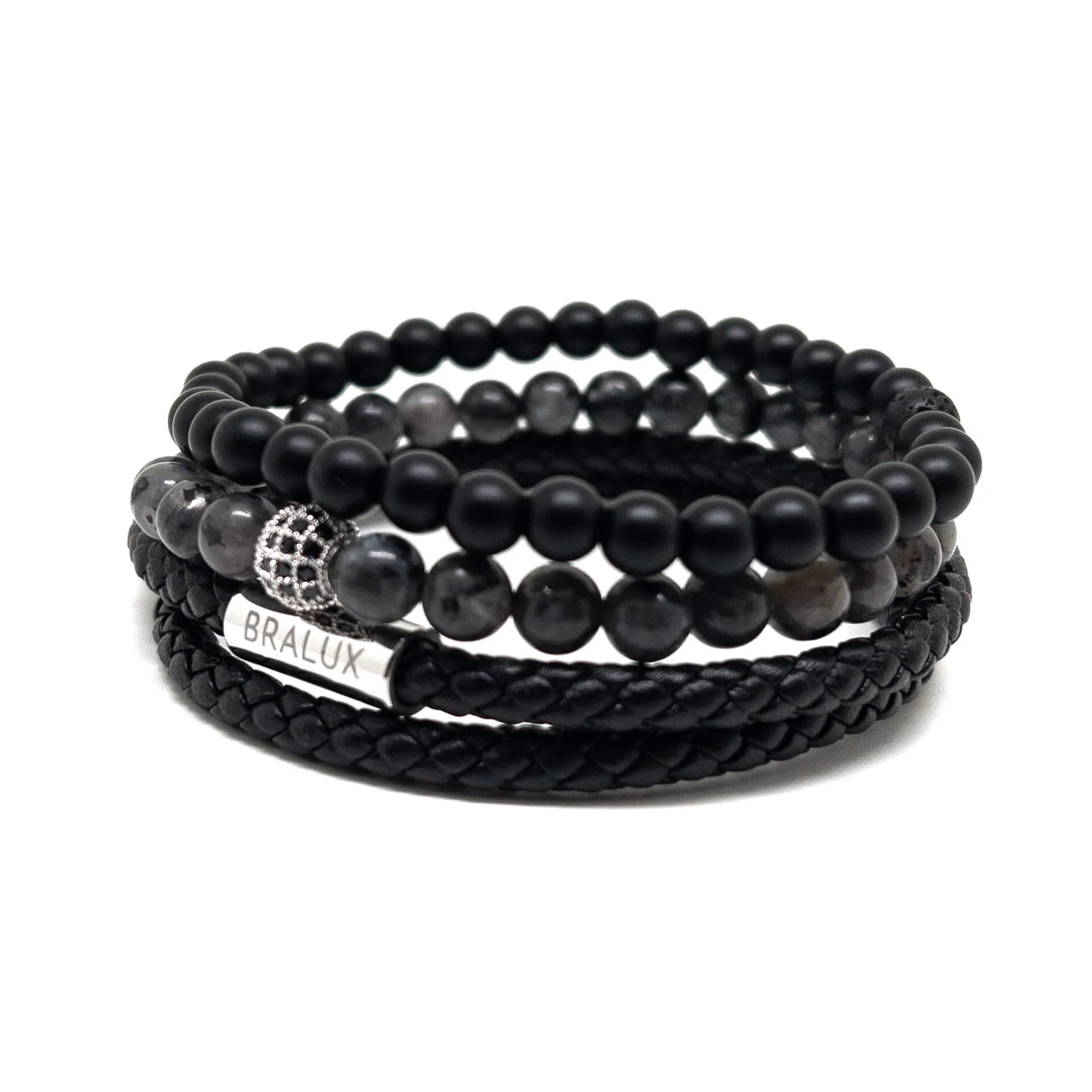 The Silver Plated Duo Black Leather Stack