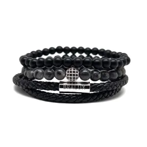 The Silver Plated Duo Black Leather Stack