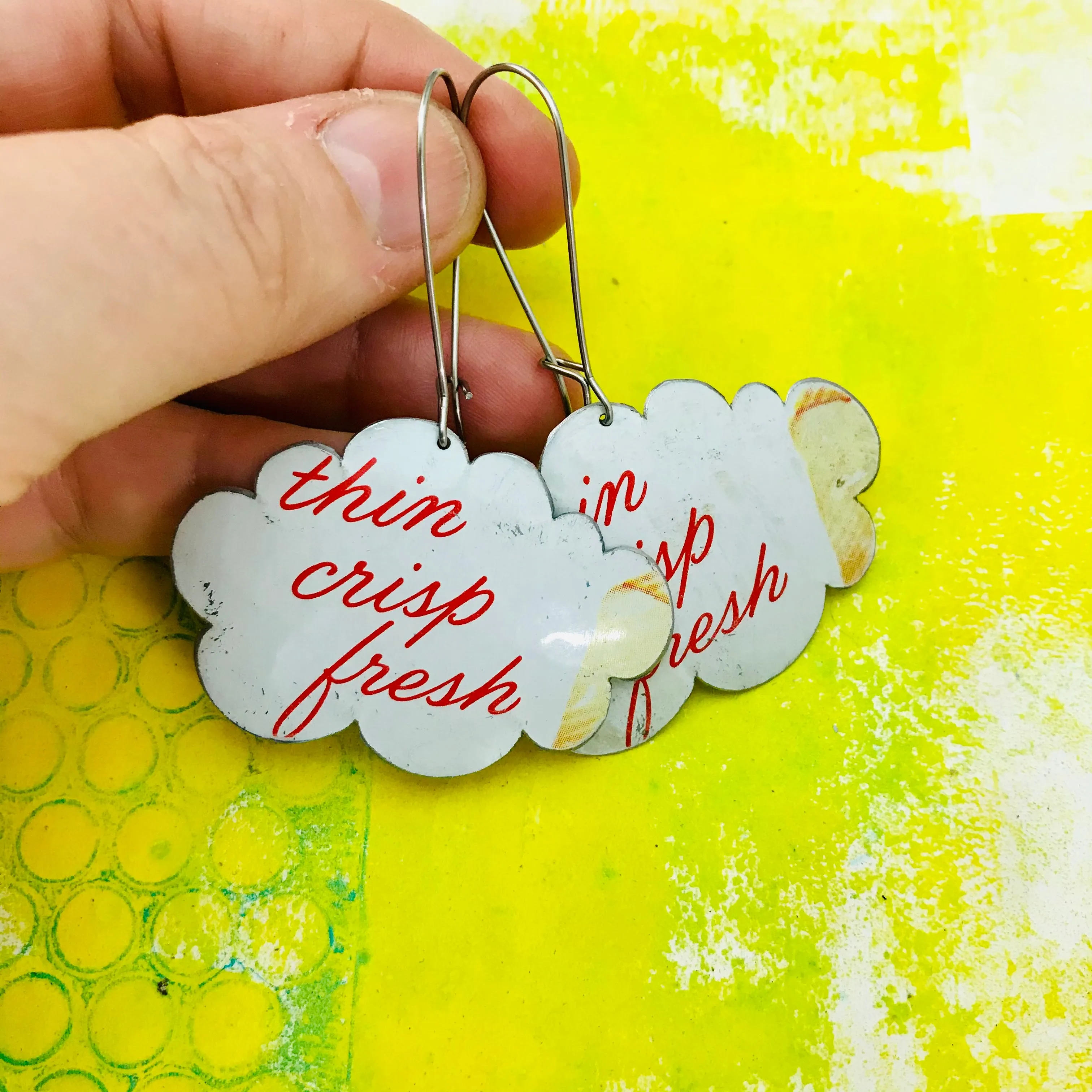 Thin Crisp Fresh Clouds Upcycled Tin Earrings