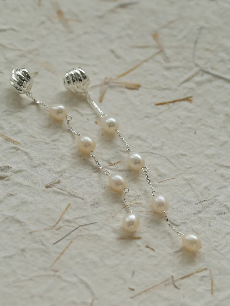 Undercurrent Silver Shell Multi-Pearl Long Dangle Earrings