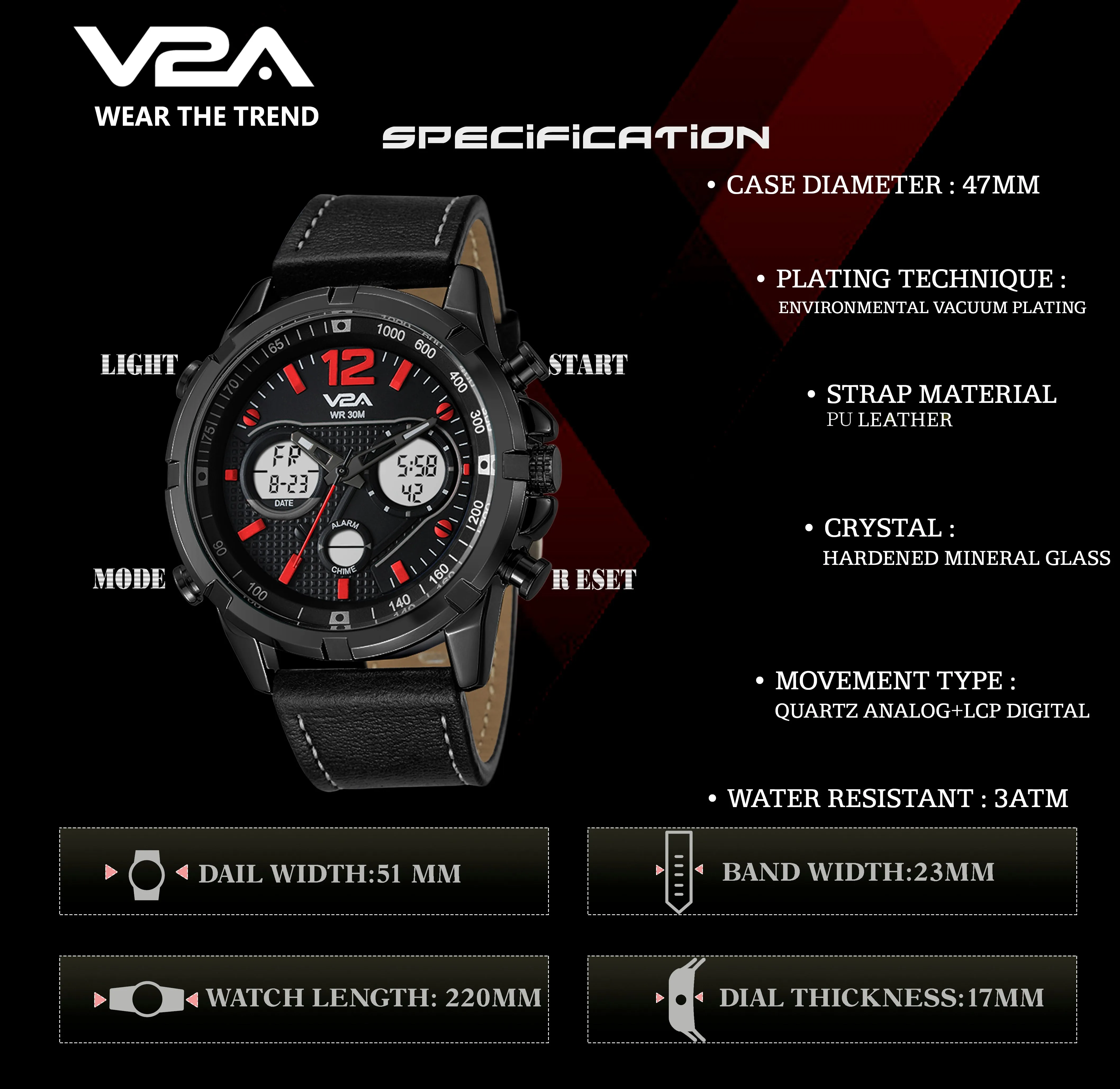 V2A Fashion Casual Wear Multi-Function Genuine Leather Chronograph Water-Resistant Watch For Men And Boys