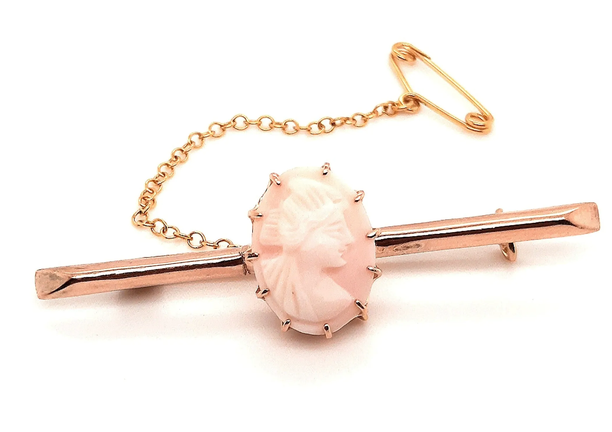 Vintage 9ct Yellow Gold Cameo Bar Brooch with Safety Chain & Pin