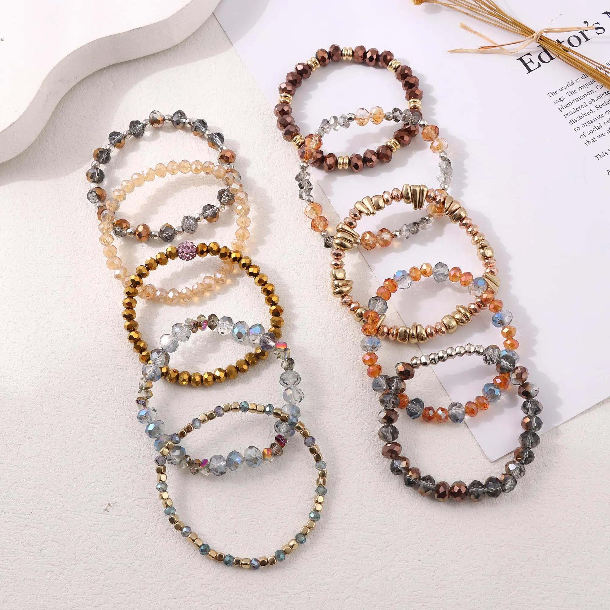 WAINIS 6 Sets Bohemian Beaded Stackable Bracelets for Women Stretch Multilayered Crystal Bracelet Set Multicolor Boho Glass Bead Bracelets Pack