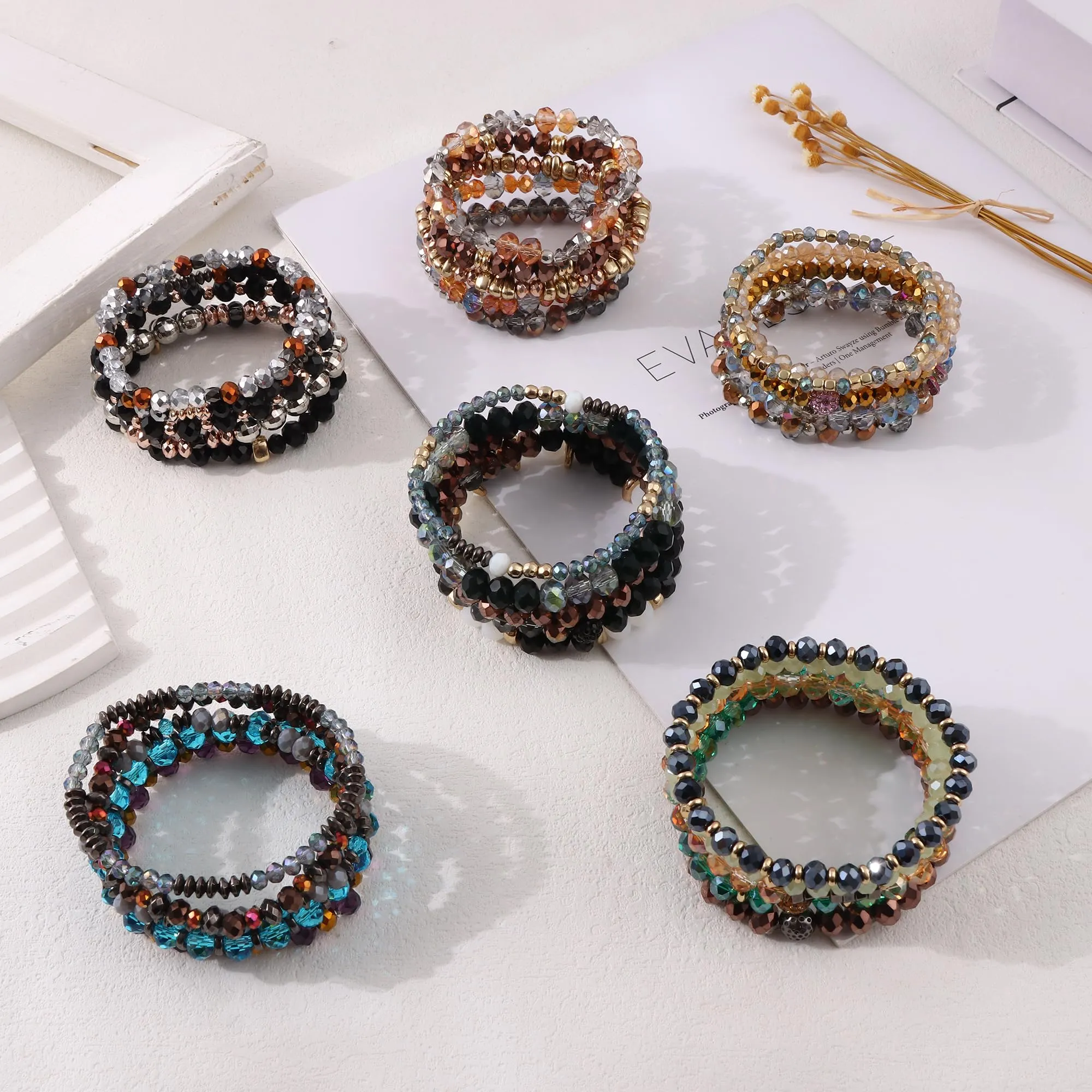 WAINIS 6 Sets Bohemian Beaded Stackable Bracelets for Women Stretch Multilayered Crystal Bracelet Set Multicolor Boho Glass Bead Bracelets Pack