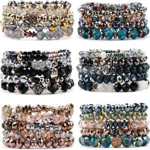 WAINIS 6 Sets Bohemian Beaded Stackable Bracelets for Women Stretch Multilayered Crystal Bracelet Set Multicolor Boho Glass Bead Bracelets Pack