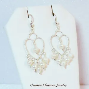 White Fresh Water Pearl, Dangle Heart Earrings, set in 92.5 Sterling Silver