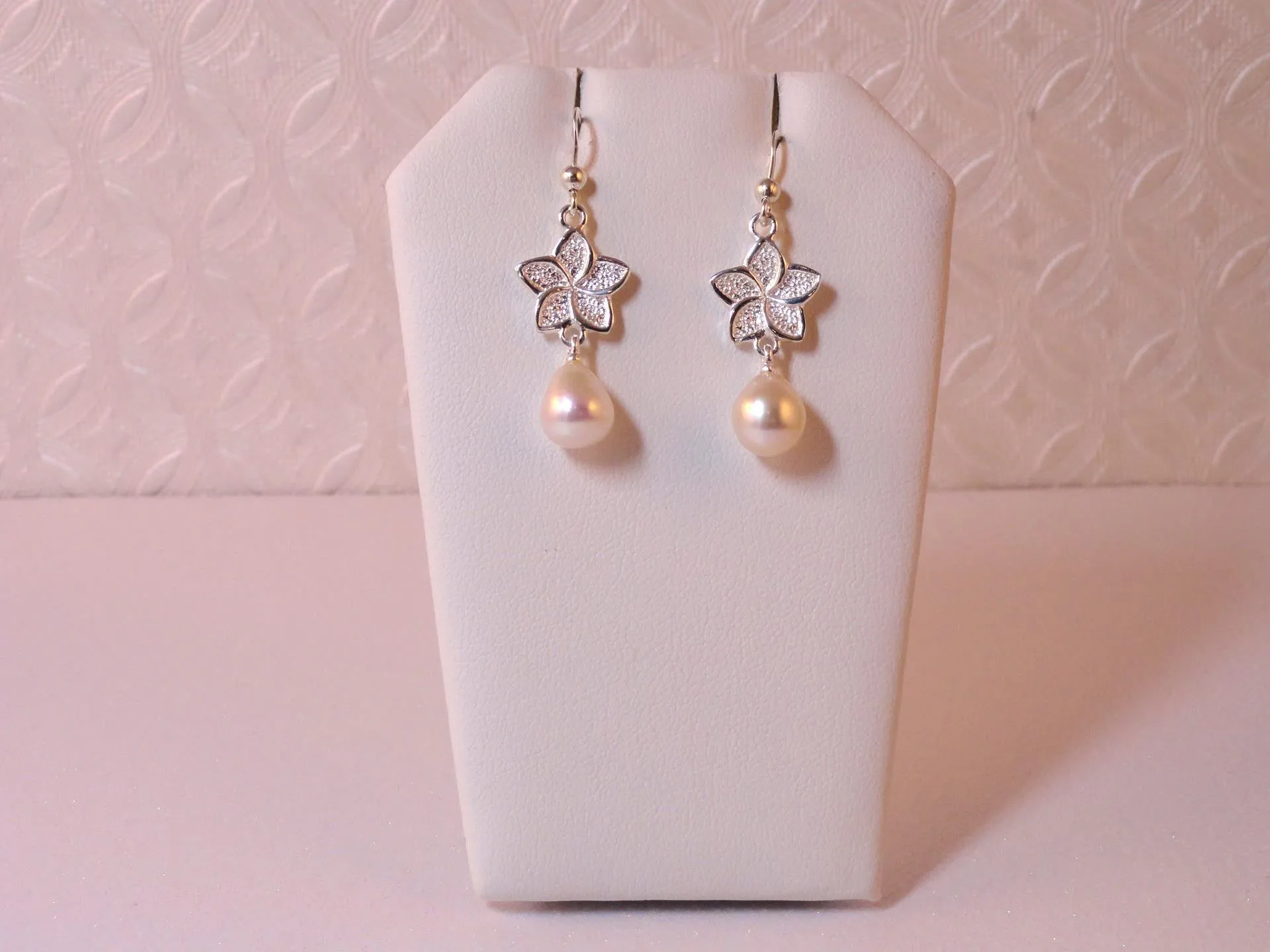 White Fresh Water Pearl, Flower Drop Earrings, set in 92.5 Sterling Silver