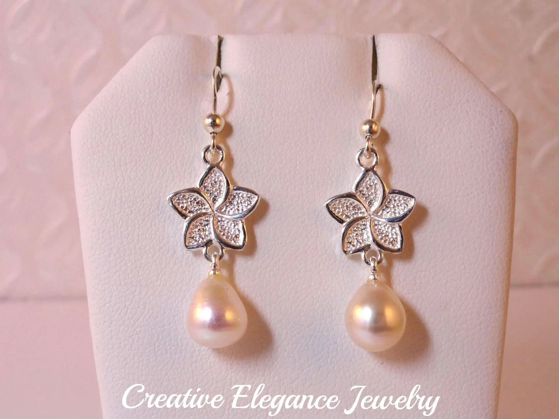 White Fresh Water Pearl, Flower Drop Earrings, set in 92.5 Sterling Silver