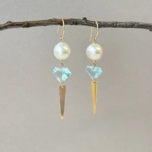 white pearl and aquamarine fun dagger earrings