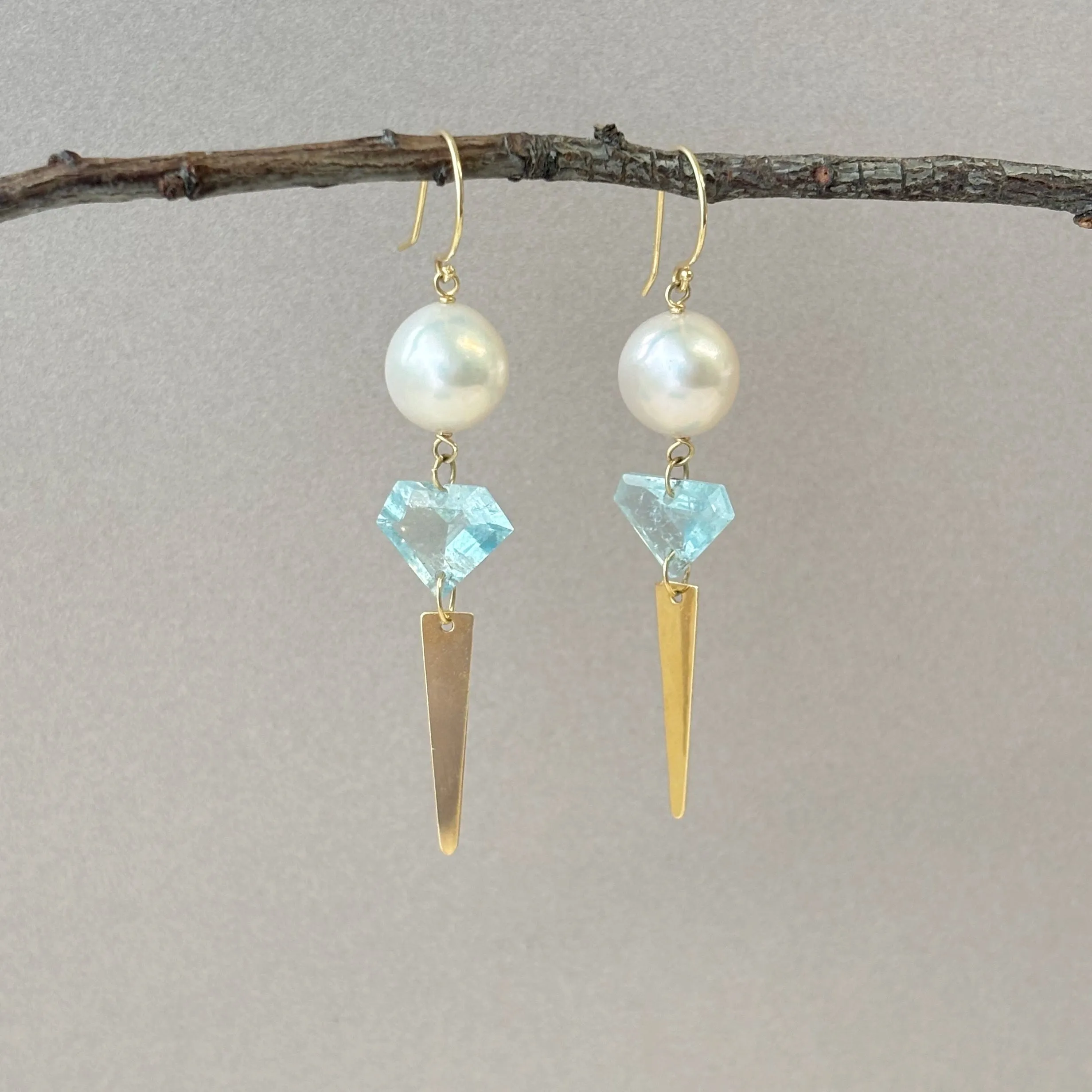 white pearl and aquamarine fun dagger earrings