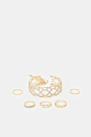 Women Gold Bracelet And Rings (6 Piece)