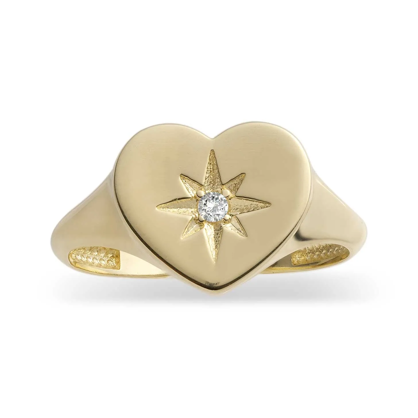 Women's CZ North Star Heart Signet Ring 10K Yellow Gold