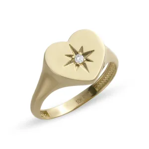 Women's CZ North Star Heart Signet Ring 10K Yellow Gold