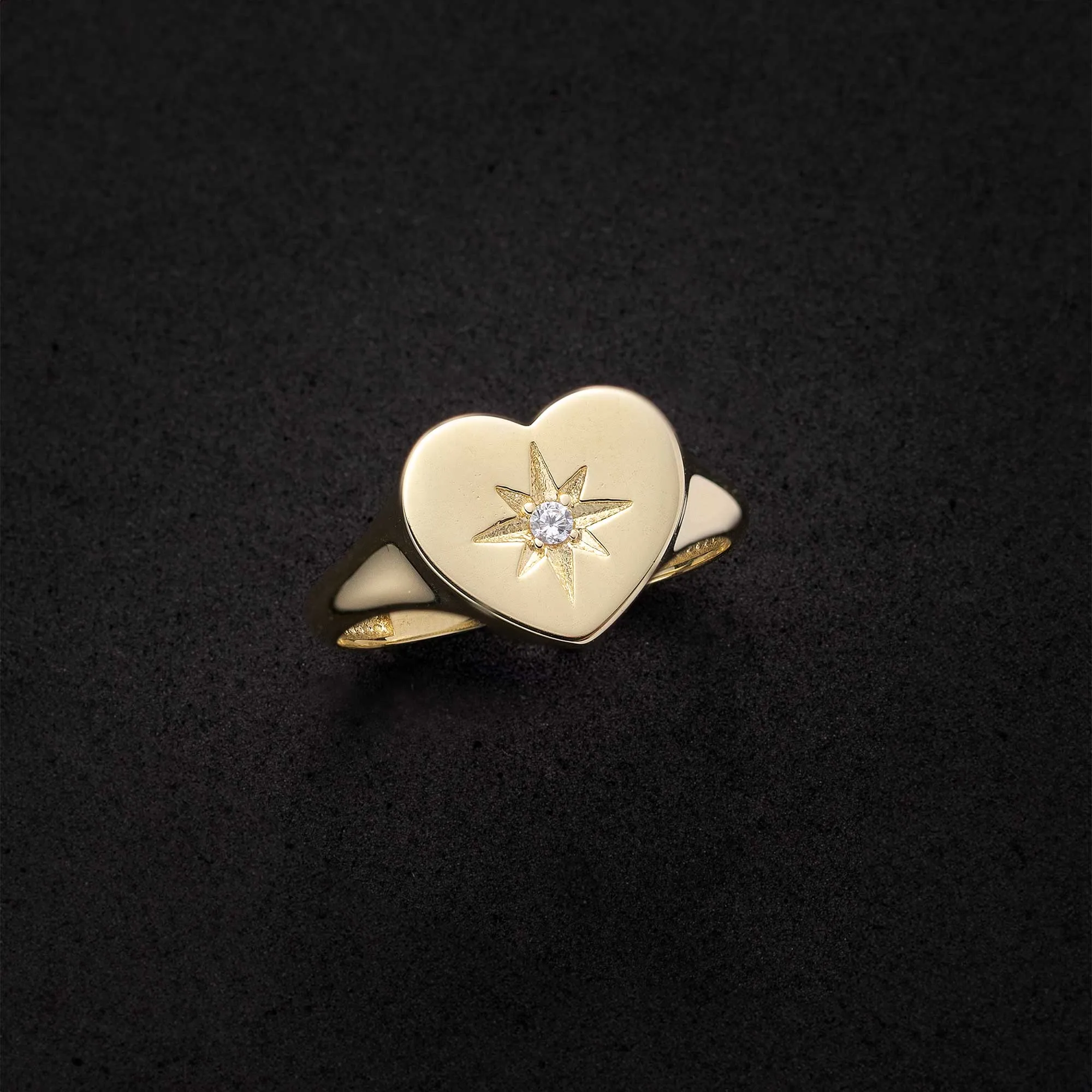 Women's CZ North Star Heart Signet Ring 10K Yellow Gold