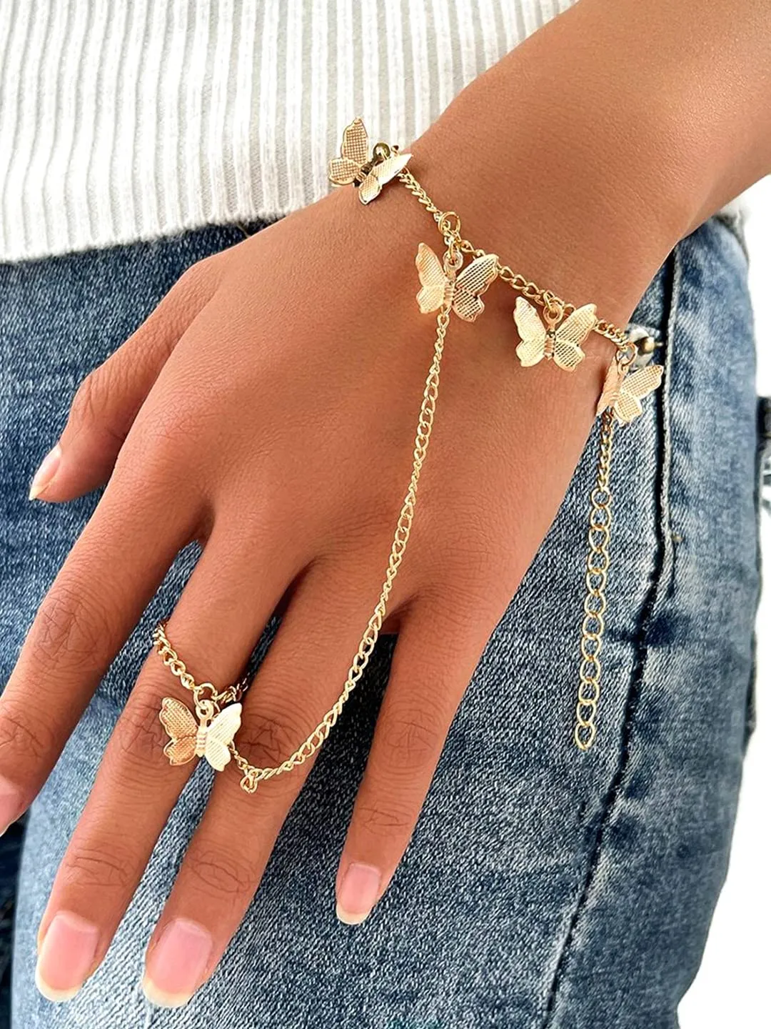 Yellow Chimes Ring Bracelet for Women and Girls Bracelet With Ring for Girls | Gold Toned Butterfly Charm Ring Bracelet | Birthday Gift For Girls and Women